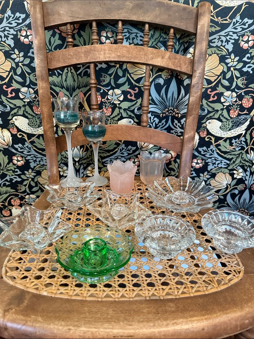 Vignette of 11 Vintage Candle Holders, Fostoria, Party Lite, KIG, Hazel Atlas